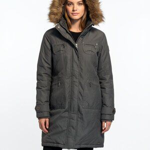 TNA Aritzia Verbier Parka Womens (XS) Dark Green Faux Fur Hood Winter Jacket NWT